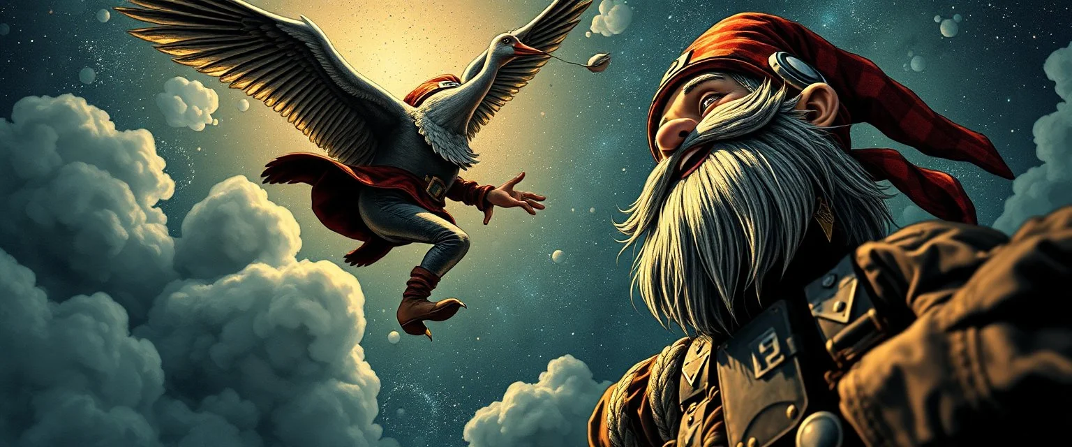 the harlekin or fool gnome smiling from major arcana tarot,dancing joyfully on the edge of a cliff streching for a wild goose leaning into the air, seen from below, close up portrait of dj magic farmer pilot looking down on cam, with background in the style of escher and giger, a chill contrapunctus fugue in the style of fsol, beethoven, held up and protected from disaster