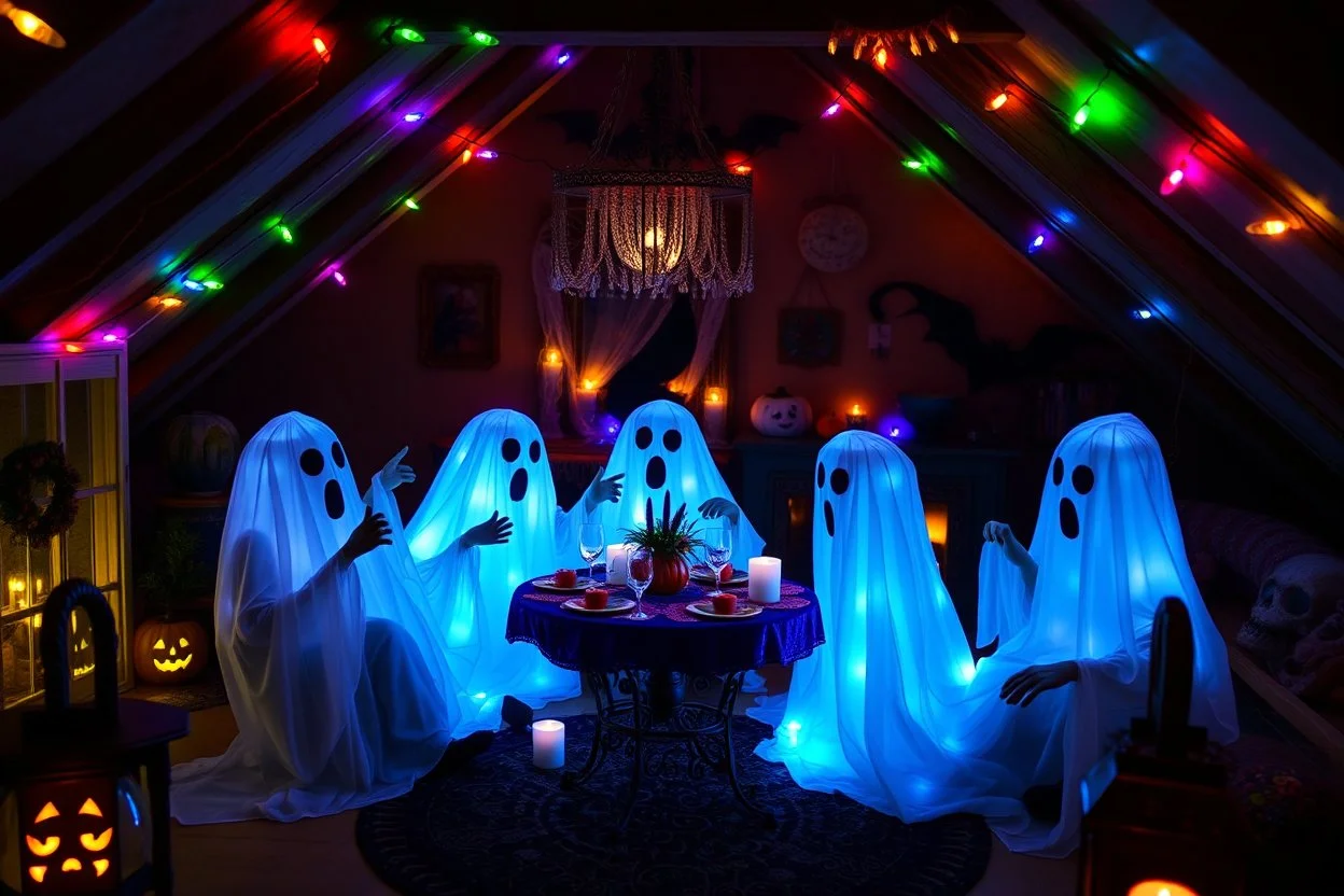 Glowing Halloween ghosts having a tea party in the haunted house attic. Colorful string lights and festive decorations create a spooky magical atmosphere