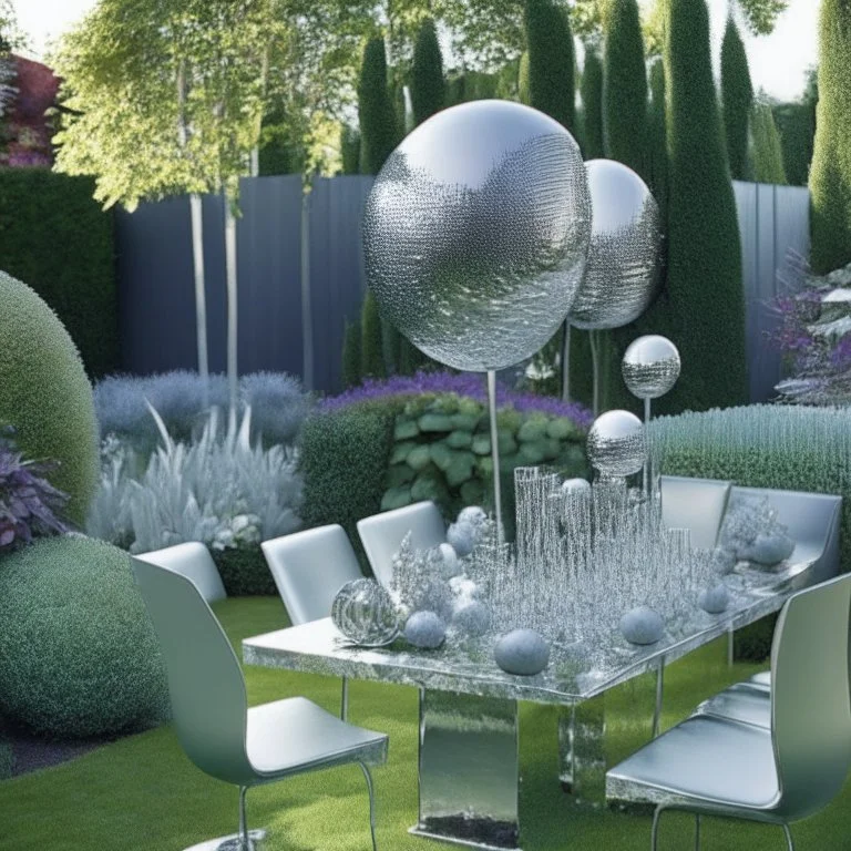 A picture of a modern garden with silver party decoration