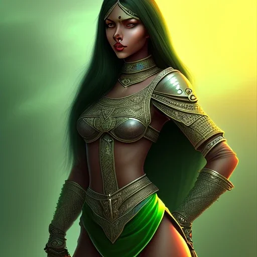 personnage de fantaisie, médiéval fantaisie, féminin, peau sombre, indienne, cheveux verts et noirs