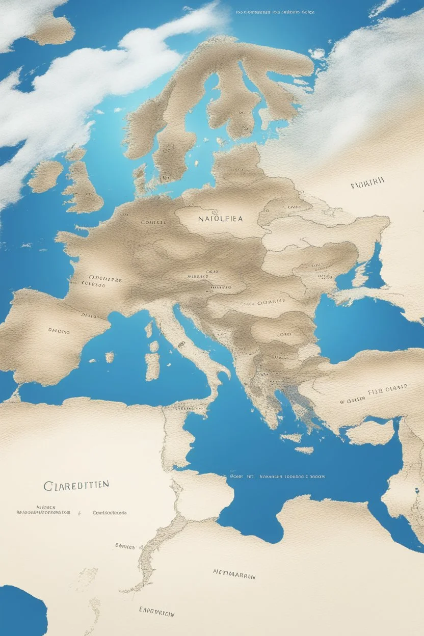 European countries are viewed from space, roads, cities, signs are visible. Highlight the names of the countries on the map. The clouds are naturalistic