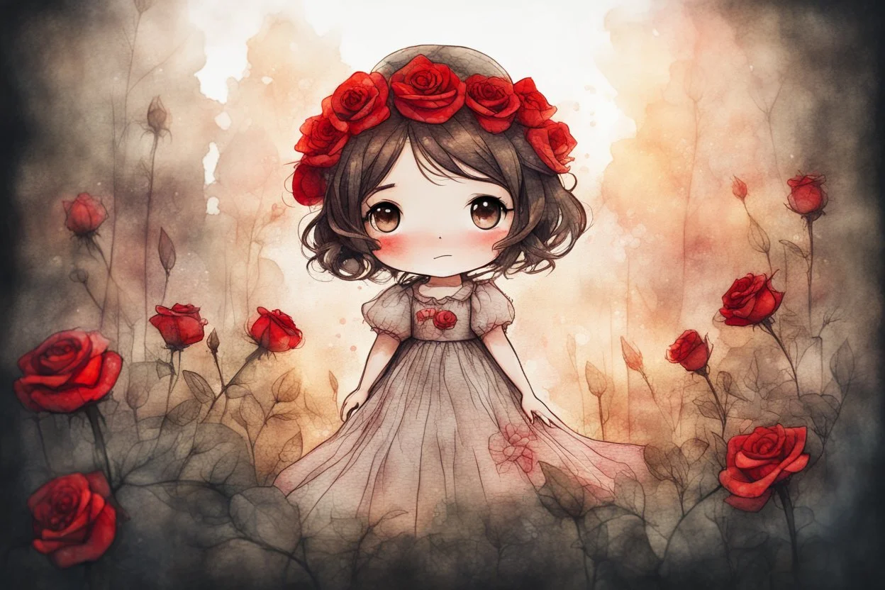 double exposure, merged layers, painted and burned burlap, cute chibi contented brunette anime red rose flower princess in a flowergarden, melting watercolor and black ink outlines on wet paper, soft, shading strokes, in sunshine, ethereal, otherwordly, cinematic postprocessing, bokeh, dof