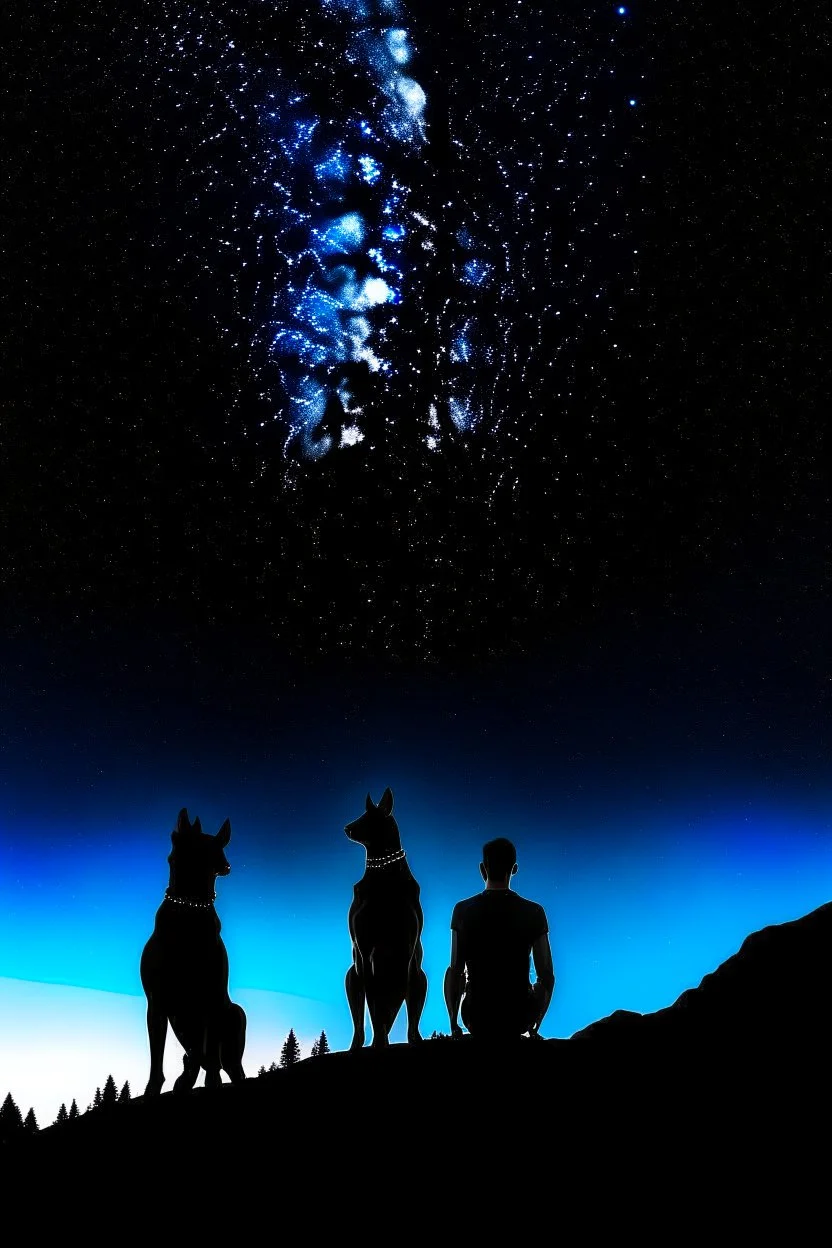 black background on a mountaintop and three silhouettes of a fit man, a silhouette of a fit woman, and silhouette of a Belgian malinois sitting next to the men and the woman looking at the stars