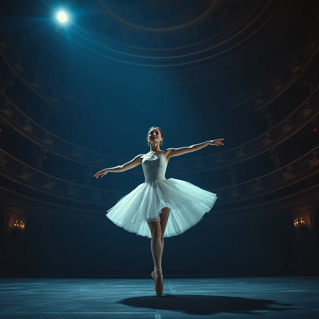 A cinematic, high-quality video of a professional female ballet dancer performing on a grand, ornate theater stage. She is wearing a pristine white classical tutu and pointe shoes. The lighting is dramatic and moody, featuring a single strong spotlight from above that illuminates her against a dark, blue-tinted background of opulent theater balconies. The camera is static, at eye-level, capturing a medium-wide shot. The sequence begins with her in a graceful first position, then transitions into
