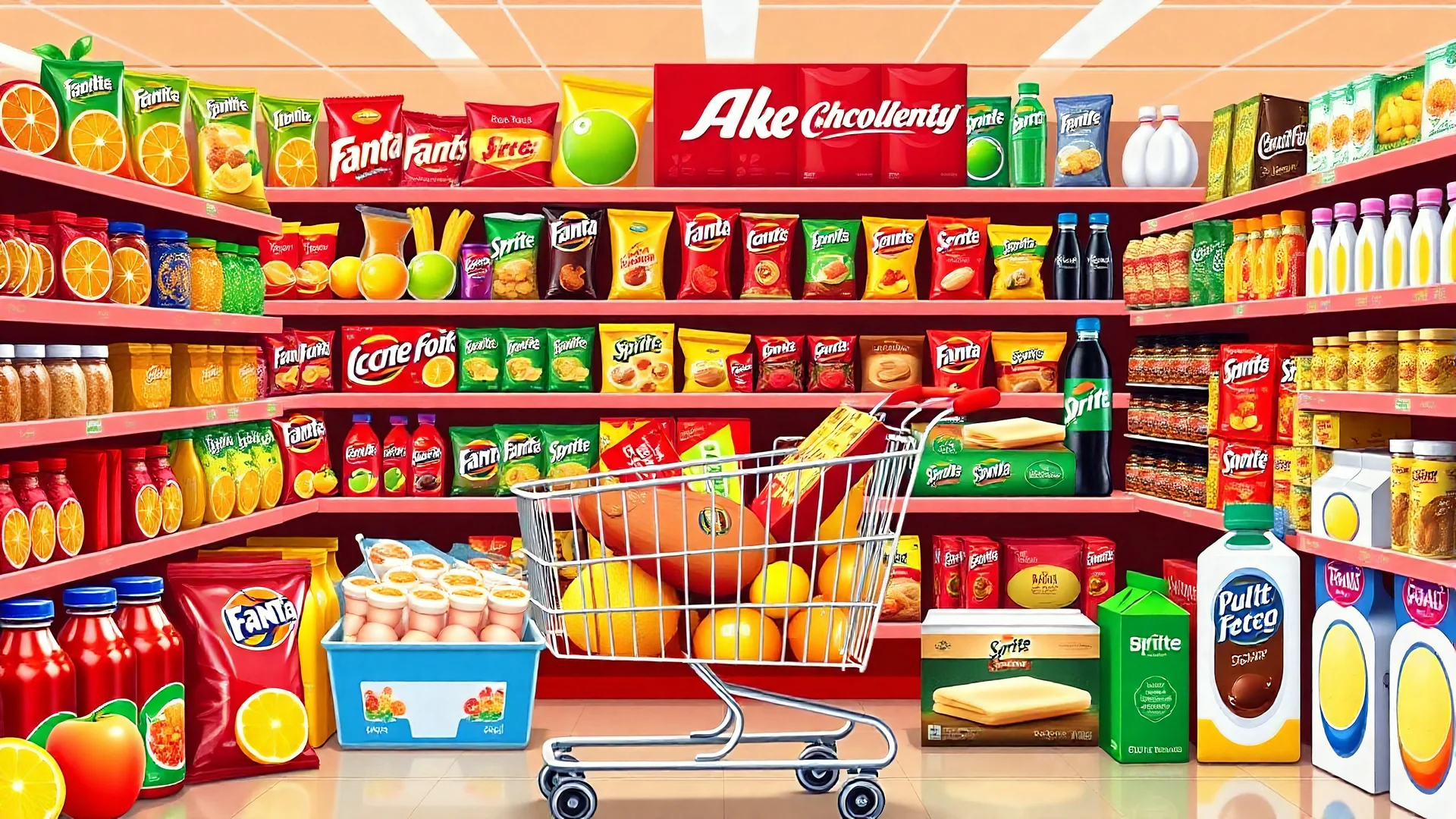 A design for a supermarket called (full market) filled with various fruit juices, various chips, various types of Fanta, Coca-Cola, Sprite, various famous chocolates, a full shopping cart, packaged cheeses, butter, and pasteurized milk, in cheerful, vibrant, and eye-catching colors.