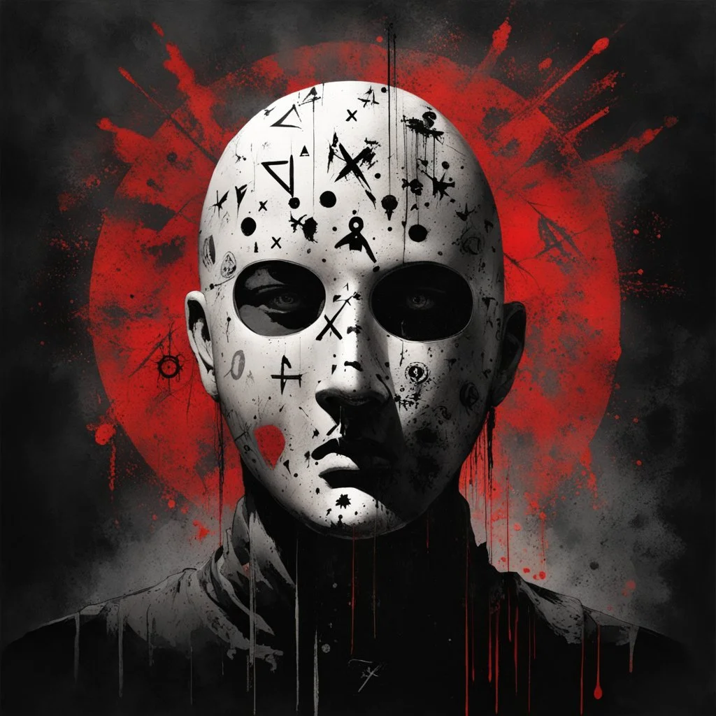 Creepy Zodiac killer mask, arcane cipher symbols on mask are big bold and seem to take a life of their own, hyperreal horror art, by Dave McKean, by Stephen Gammell, by Wes benscoter, cipher symbols, bright color, black backdrop, smooth perfect art, crimson splatter, by Russ Mills