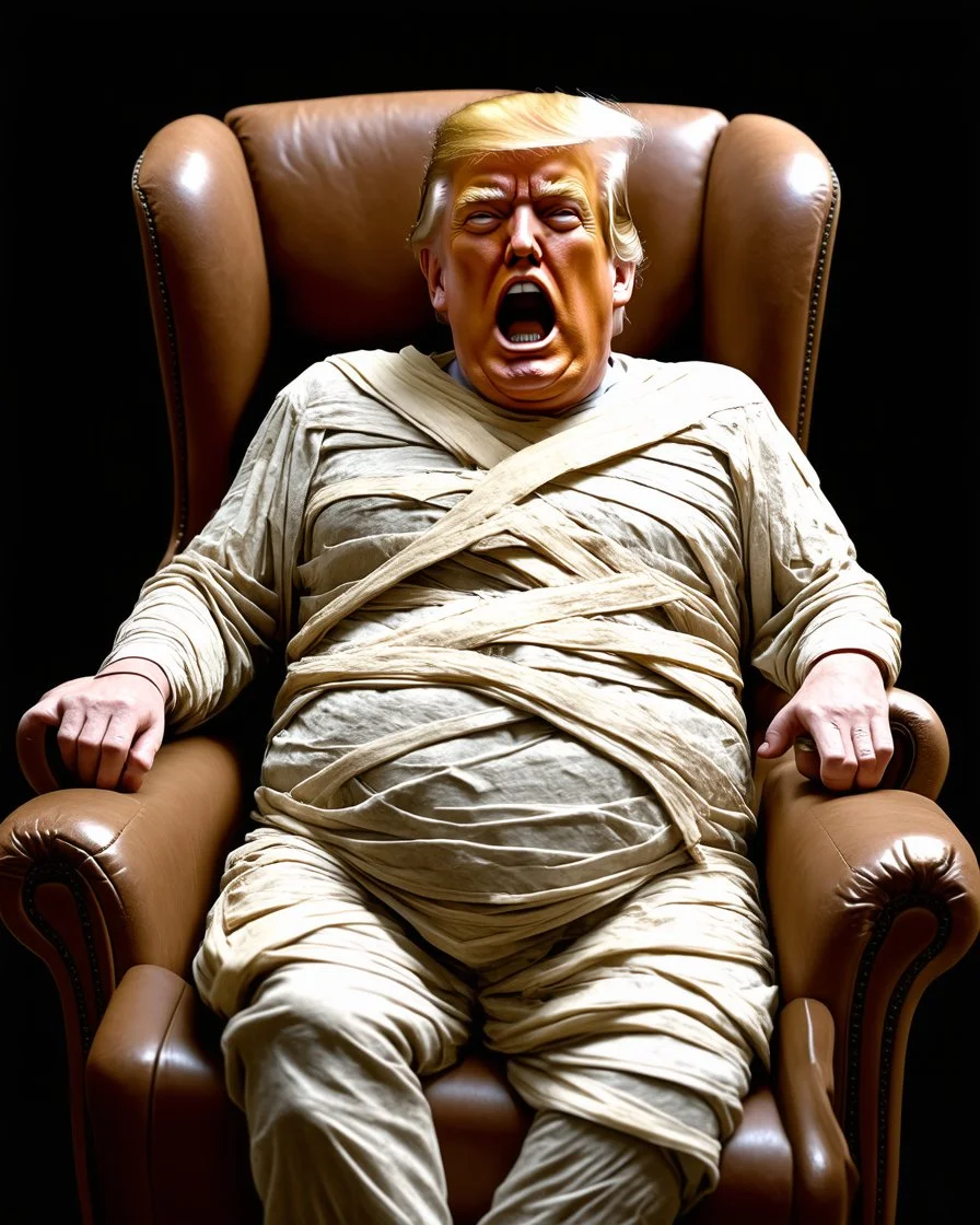 a chubby really old decrepit realistic male mummy, looks similar to donald trump, leaned over in a brown chair, mouth open