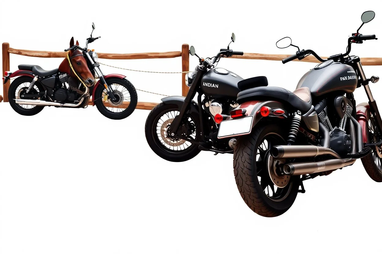 a harley davidson pan america 1250 motorcycle, next to a Indian Springfield Dark Horse motorcycle. next to a horse who's facing away and tied by the reins to a wood railing. white background. dirt ground. silkscreen style image