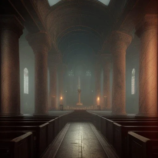 on old church interior full of people, scary, steam punk, realistic, made in octane, cinematic, ultra-realistic, extremely detailed octane rendering, 8K, VRAY Super Real ar 2:3, dof photorealistic futuristic 50mm lens hard lighting dark gray tintype photograph, realistic lighting, sepia color