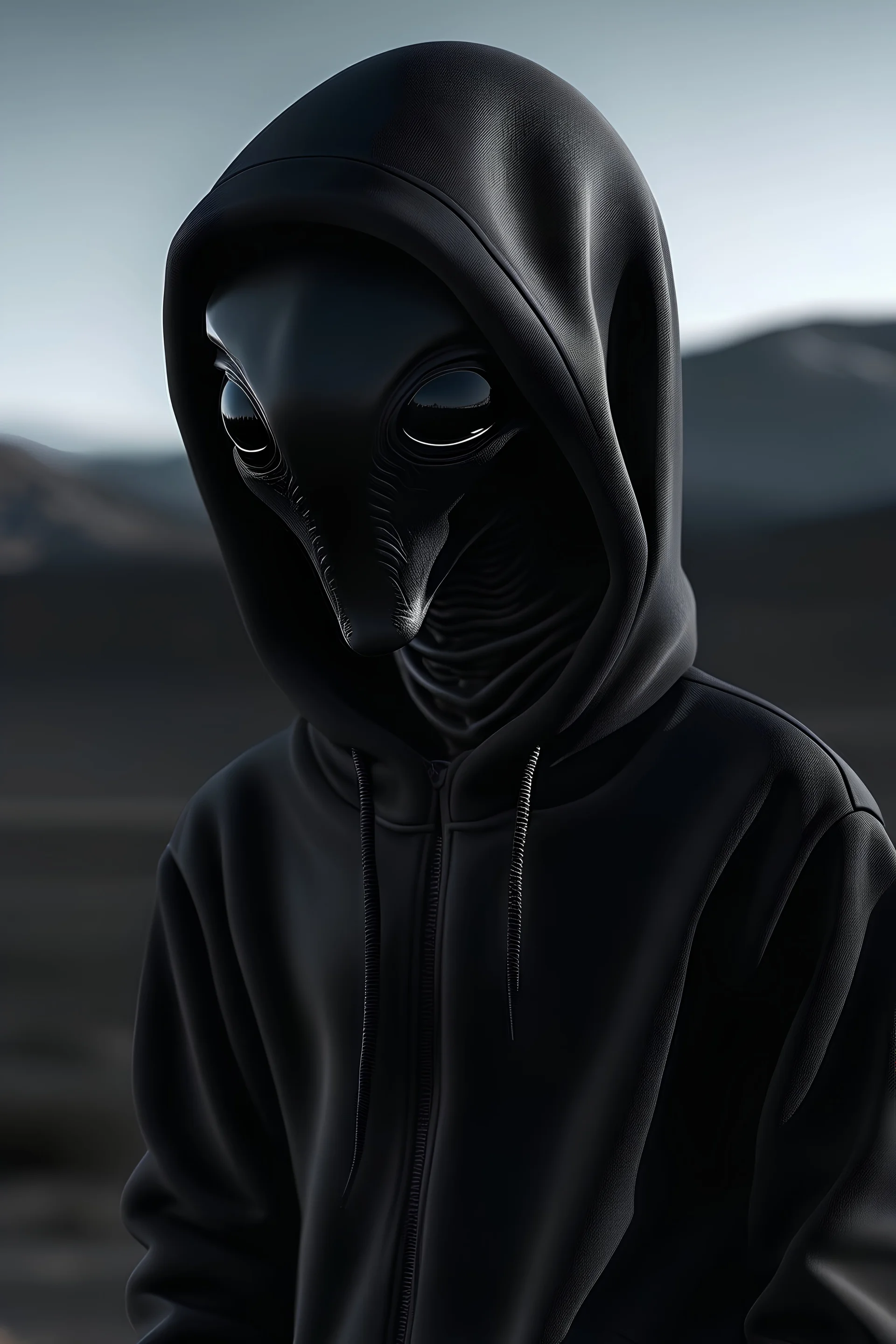 humanlike black alien wearing hoodie and beanie on planet