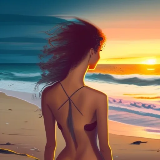 A very scantily clad young woman standing on the beach watching the sunset. The wind is playing with their hair.