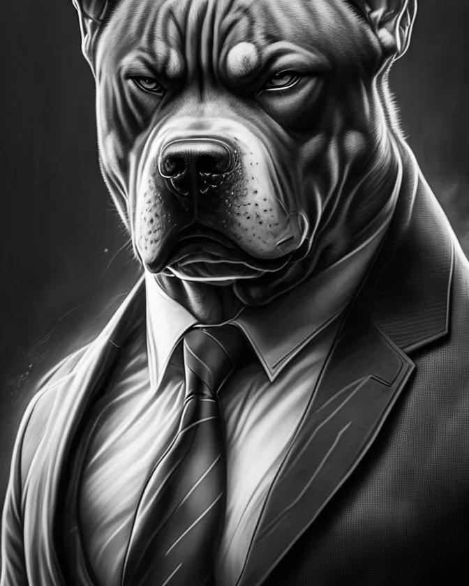 Illustrative sketch of a image of an angry humanoid dog, suit and tie, arte lineal ultra quality, 8k, cuerpo completo