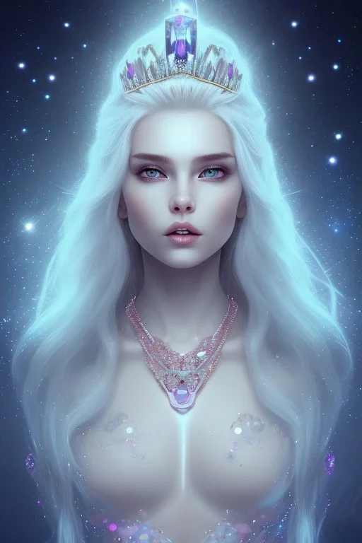 cosmic petit prince belle fine, profil de trois quart, grand front cosmique, peau bleu cristalline, yeux bleu, perle sur le front long cheveux blond et rose etoilé, cristaux sur le corps, collier de grande princesse, levres souriante, très jolie sourire