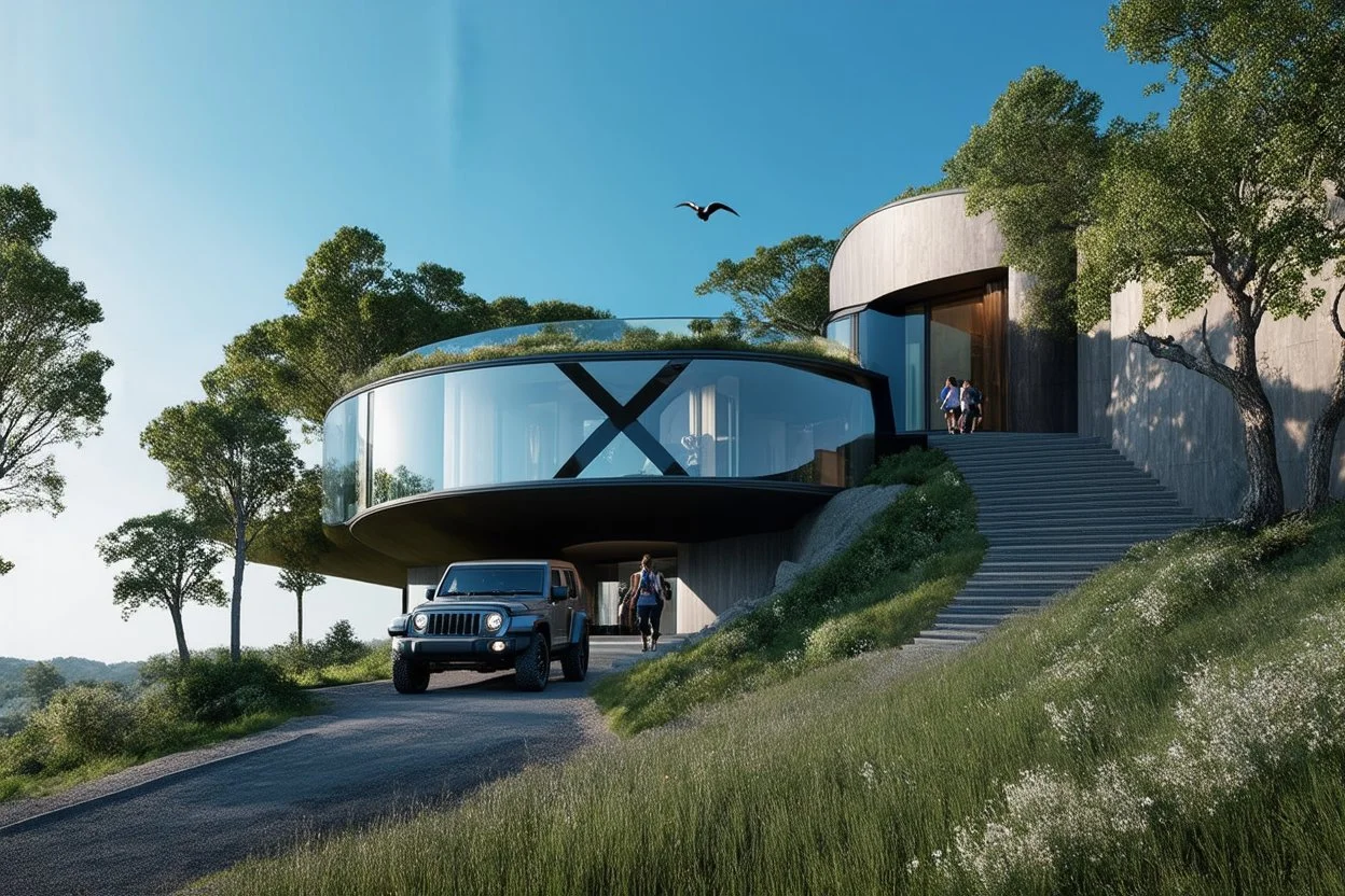 Photo of a futuristic cabin with a shape inspired by the infinity symbol in plan and the x cross in elevation. Glass facades are interspersed between the curved walls, which are steps to go up to the roof to a terrace. There is a driveway with a luxury jeep parked, with a path leading down to the building on the side of the hill. It has a biomimetic design, carbon neutral and zero energy. There are hikers in the distance and the silhouette of a bird in the sky. By drone