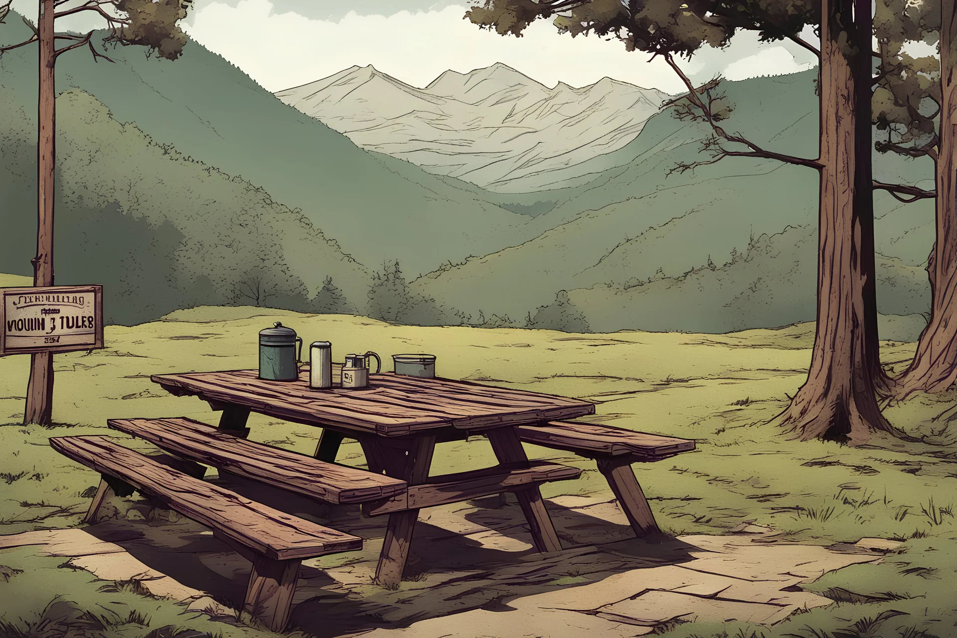 lookout, picnic table, sign, mountain, forest,, comic book,,, cinematic, post-apocalypse