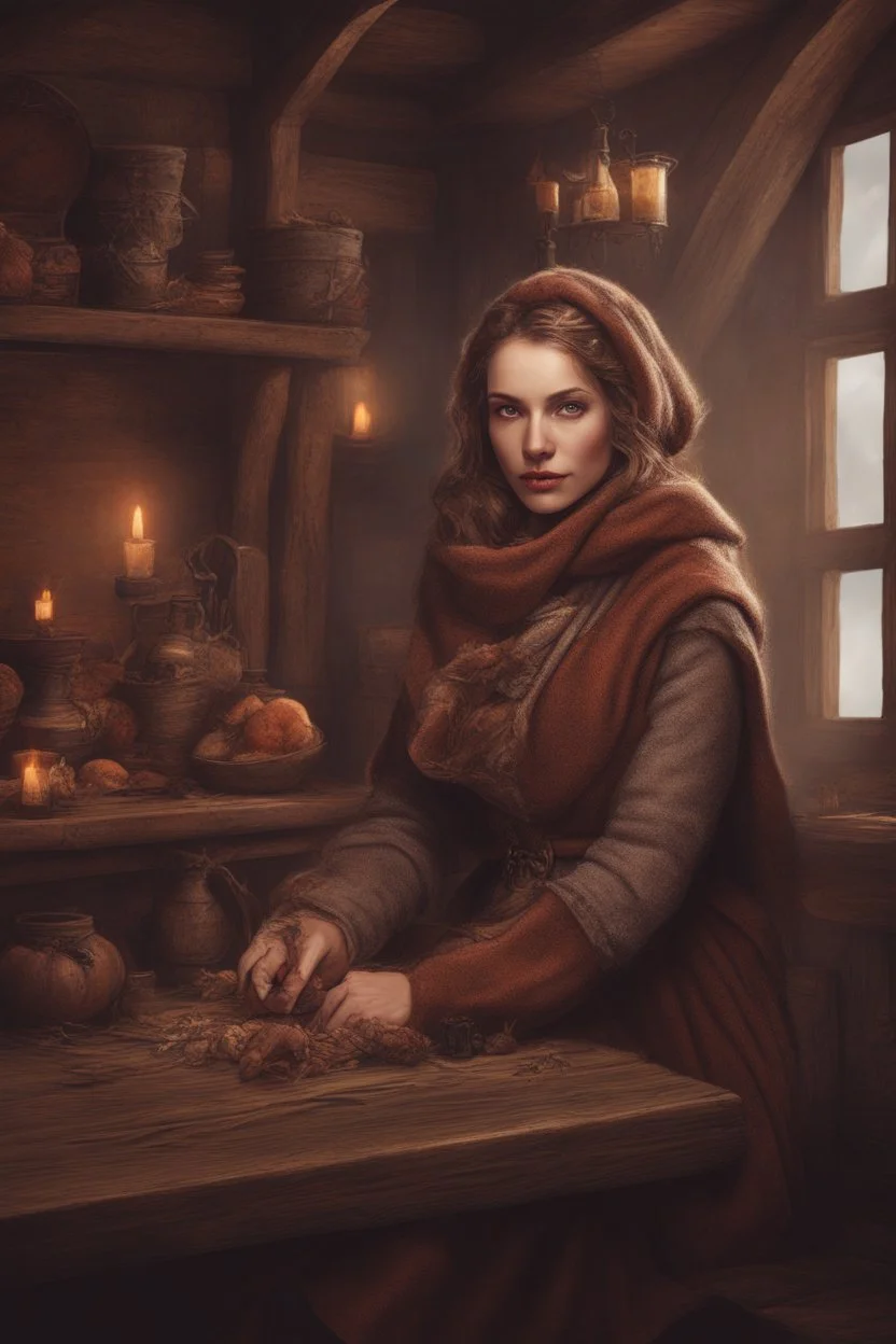 DnD style, medieval beautiful woman dressed in warm winter clothes sitting in a tavern