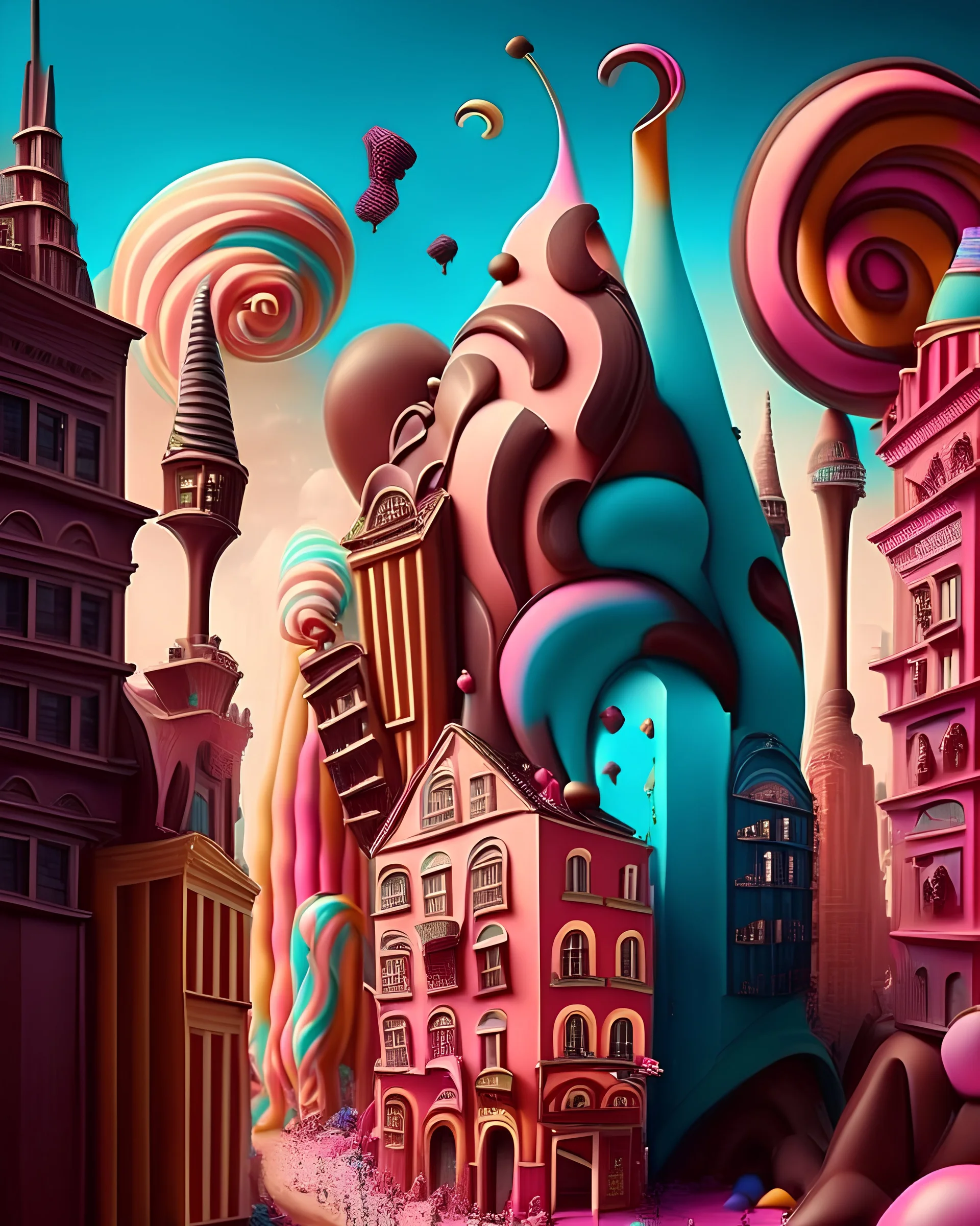 A surreal cityscape where buildings are made of candy and chocolate.