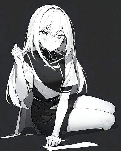 numb, black and white, anime girl sitting with full black background