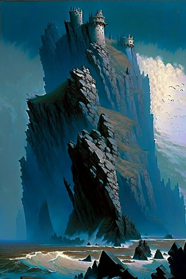 a rocky coast. A long isthmus juts out into the sea. the isthmus slopes upwards. on top of the isthmus there is a large fortress. dramatic. style of Michael Whelan.