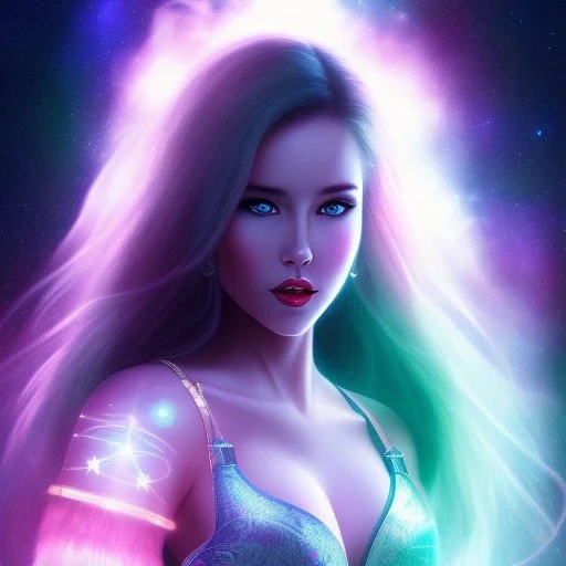 beautiful woman with long hair and smile look the stars and northern aurora blue turquoise lights, blue, pink,