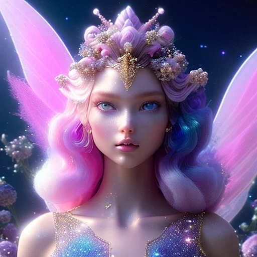 one big crystal glitter pink blue subtle galactic fairy in a galactic ambiance,, long hair down to the ground,transparent petals,blue eyes,delicate colors in the foreground, full of details, smooth，soft pink violet light atmosphere, light effect，vaporwave colorful, concept art, smooth, extremely sharp detail, finely tuned detail,8K ultra high definition, 8 k, ultra sharp focus