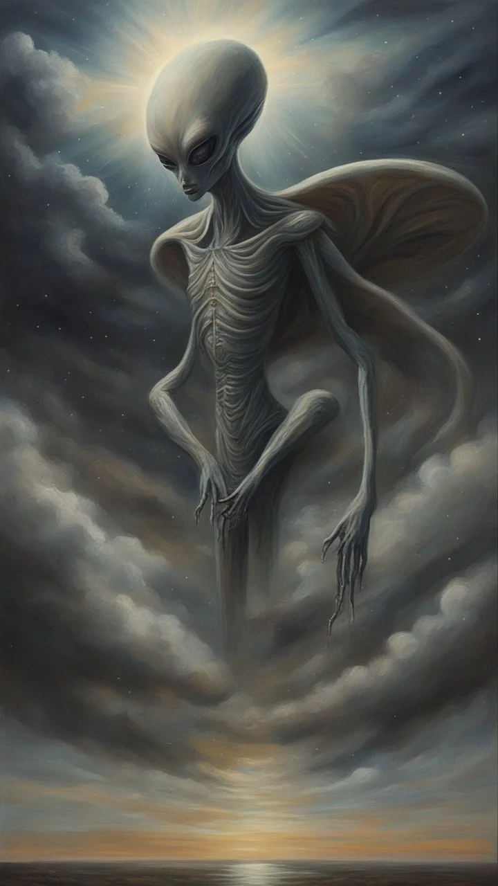 oil painting, Believing the strangest things, loving the alien And your prayers they break the sky in two