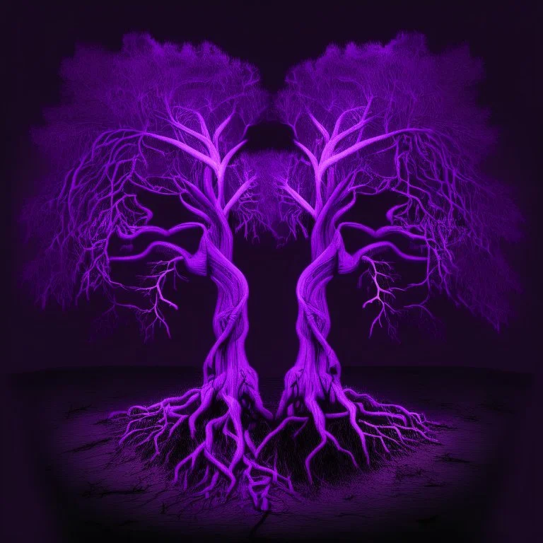 two trees with roots connected purple dark neon