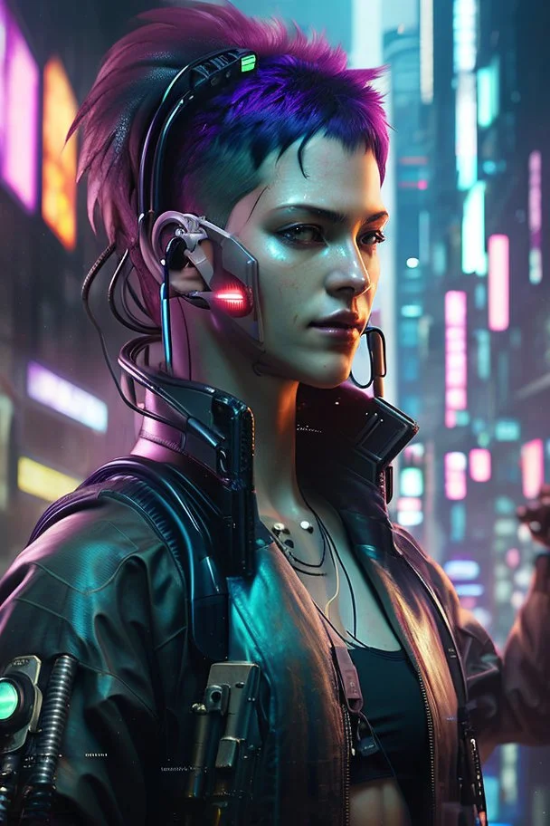 Realizza una dettagliata e ad alta risoluzione rappresentazione di un personaggio cyberpunk semi-realistico immerso in un contesto urbano, integrando senza soluzione di continuità la tecnologia avanzata con un ambiente grintoso. Immagina un protagonista che si muove attraverso le strade affollate, adornato di miglioramenti cibernetici che potenziano le sue capacità fisiche.