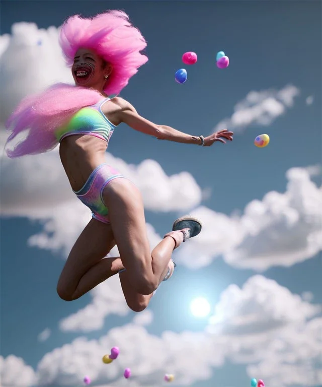 Ultra realistic speed clouds sky scene, wide angle view, sweet women falling down, inflatable color clothing, free jumping flying, many trinkets, hair monster, many jelly beans, balls, color smoke, smile, happy, circus style, extreme, wind, clouds sea, 20,000 feet altitude, stratosphere, soft color, highly detailed, unreal engine 5, ray tracing, RTX, lumen lighting, ultra detail, volumetric lighting, 3d, finely drawn, high definition, high resolution.