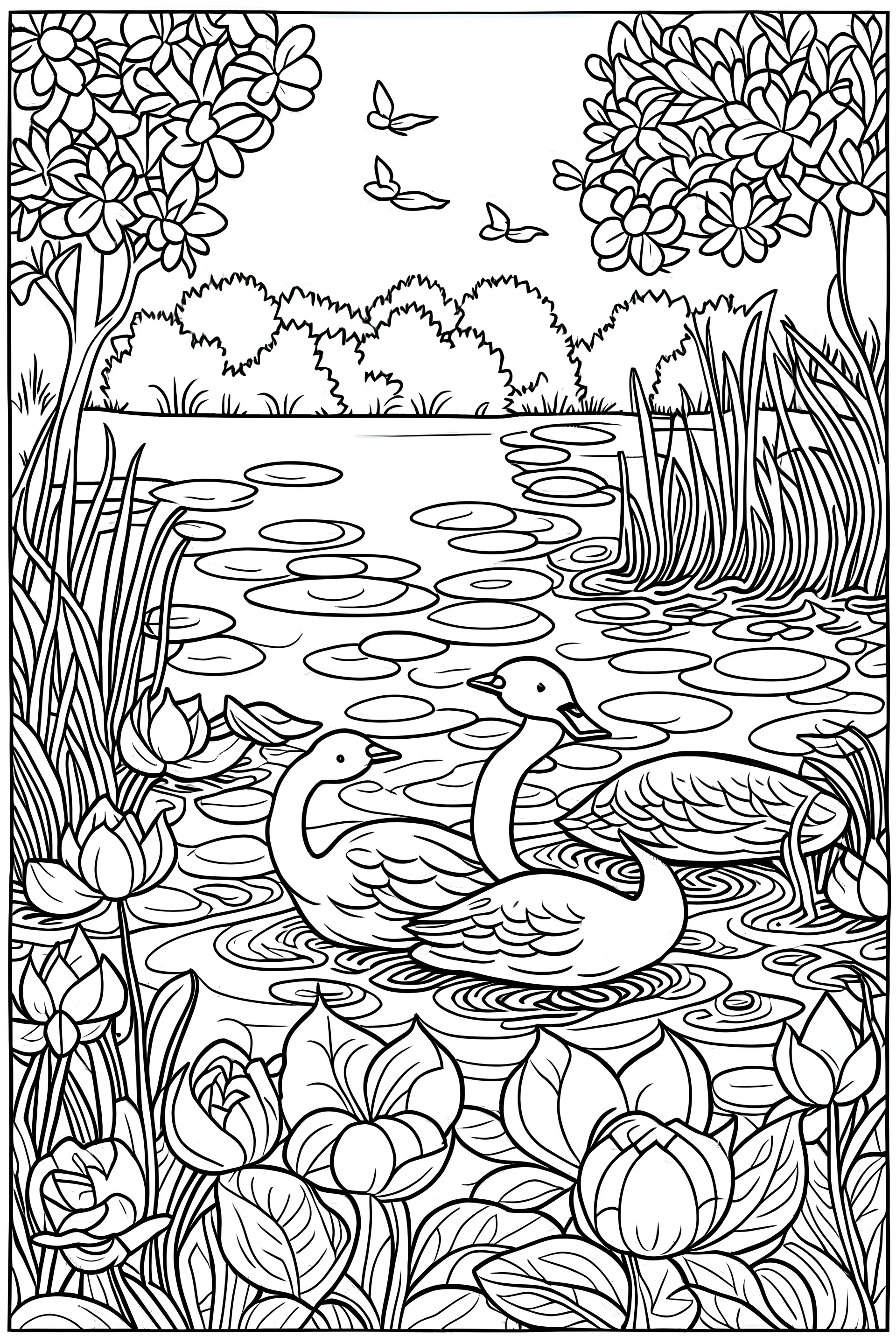 A peaceful riverside scene with ducks and ducklings swimming among vibrant water lilies.(Outline art) hd high quality,for kids