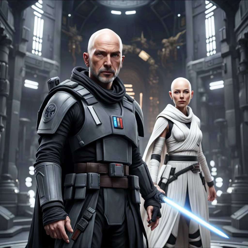 a bold and heroic bald male Corellian pilot in black and metallic grey First Order special forces gear meets a female Jedi Master in ancient, mystical temple, hyperdetailed, dynamic lighting, hyperdetailed background, 8k resolution, volumetric lighting, light skin, fully symmetric details