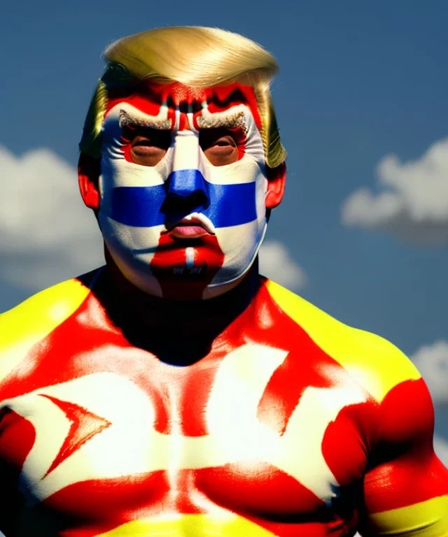 Realistic image of Donald trump wrestler, Mexican wrestling style, Mexican wrestling mask, chin and nose visibles, red and blue breeches, glow us flag dress, suspenders, retro style, 80s, vibrant color, highly detailed, sky background, concept art, unreal engine 5, god rays, ray tracing, RTX, lumen lighting, ultra detail, volumetric lighting, 3d, finely drawn, high definition, high resolution.