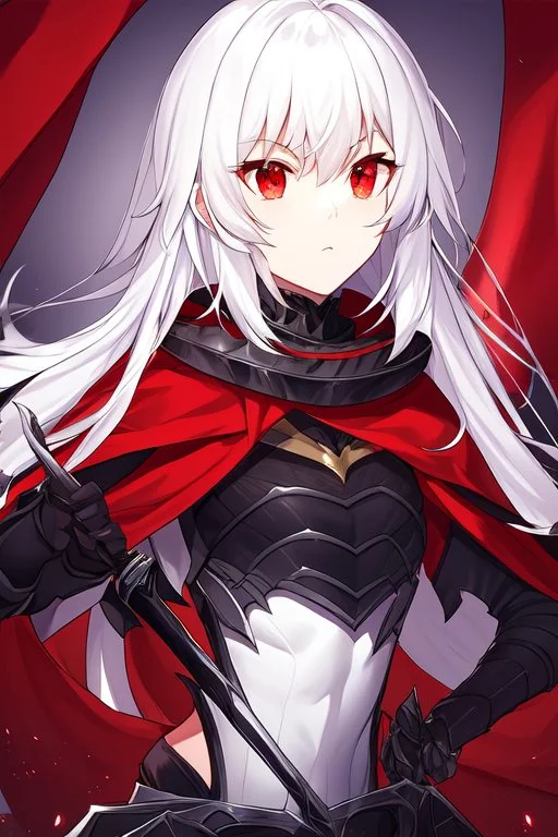 Vampire knight, long white hair, black full plate armor, red cape, cyan eyes