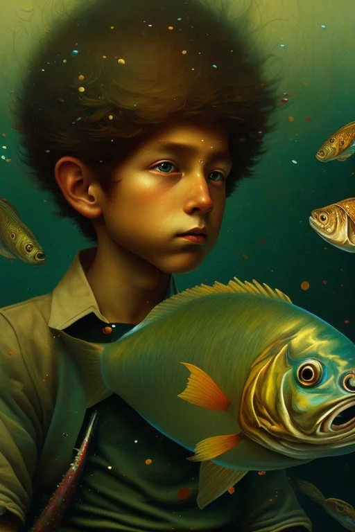 a painting of a young boy riding a fish, a storybook illustration by Esao Andrews, cgsociety, pop surrealism, storybook illustration, whimsical, detailed painting, ukiyo-e style