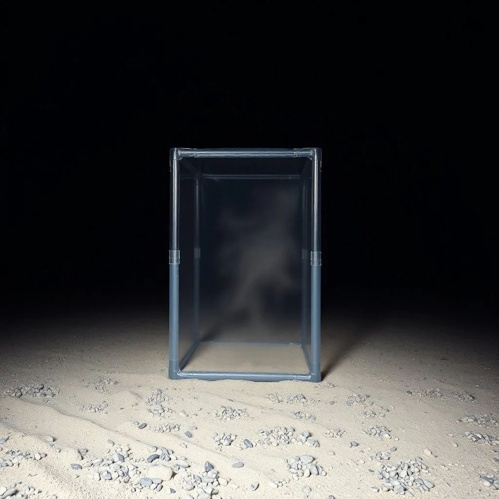 A photo of a dark, closed studio with a plastic structure at the center. The structure encloses a blurry element. The surface below appears to be rocky, with accumulations of sand. The background is blurred and misty, revealing trees. The photo was taken with an excellent camera.