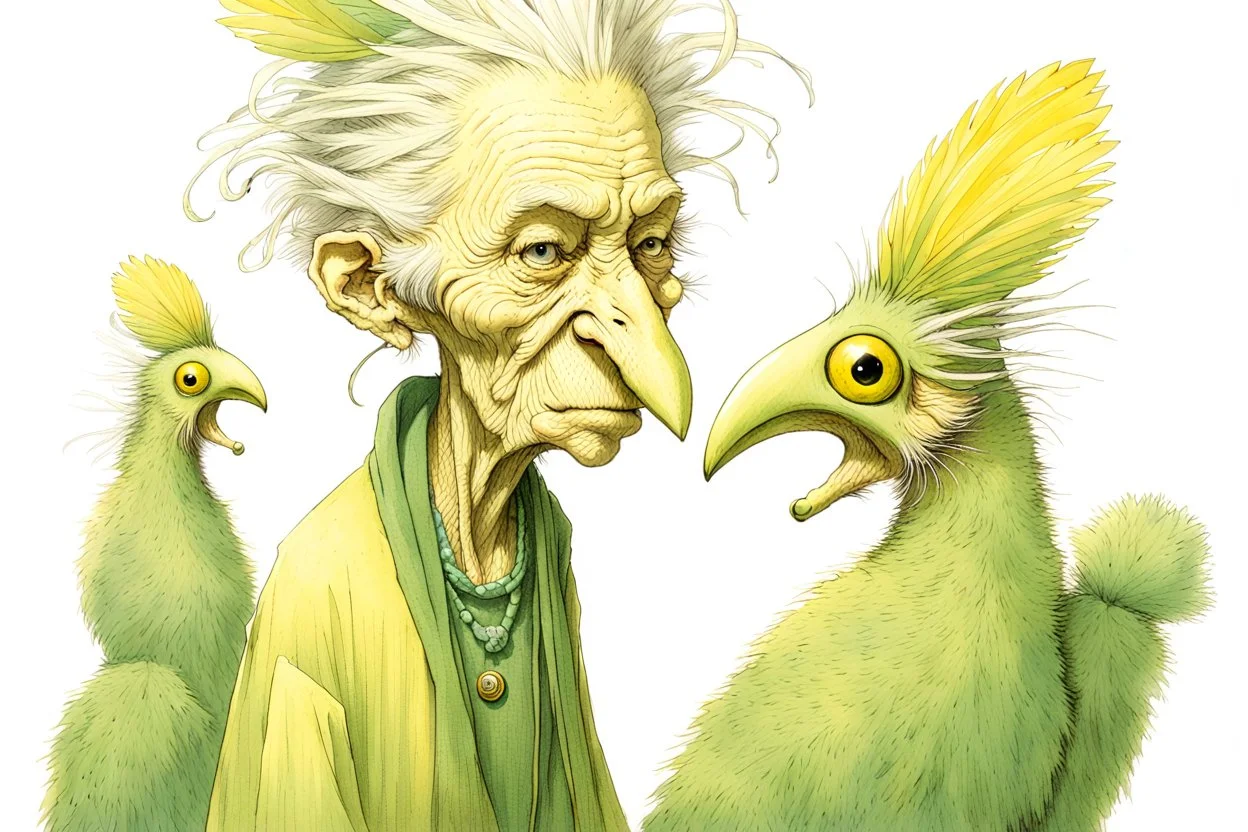 Artist Jean-Baptiste Monge style. A biomorph banana-headed old woman. White eyes. A yellow dotted green furry feathered fluffy dress.