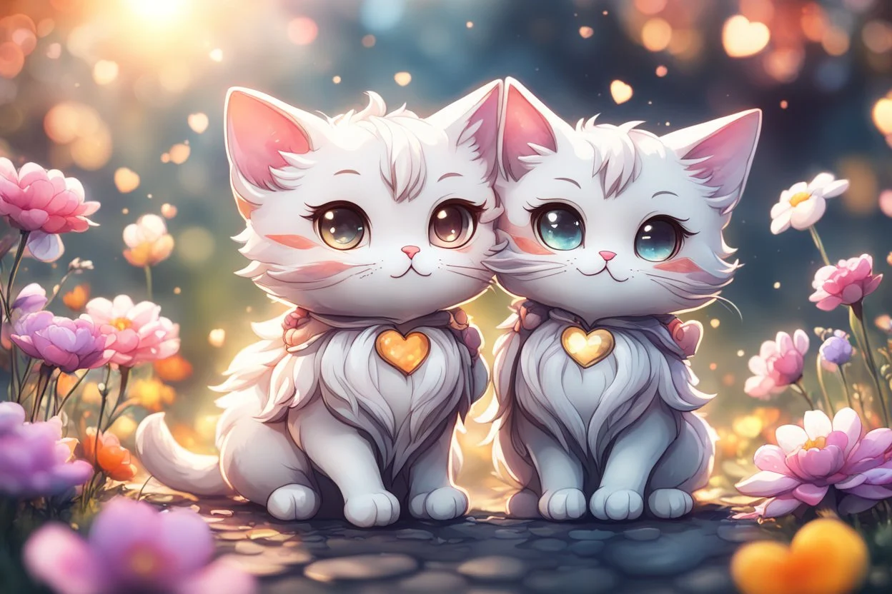 Cute chibi anime cat couple in love, flowers in sunshine, heart and love, watercolor and black ink outlines, ethereal, cinematic postprocessing, bokeh, dof Weight:1 detailed matte painting, deep color, fantastical, intricate detail, splash screen, complementary colors, fantasy concept art, 8k resolution trending on Artstation Unreal Engine 5 Weight:0.9