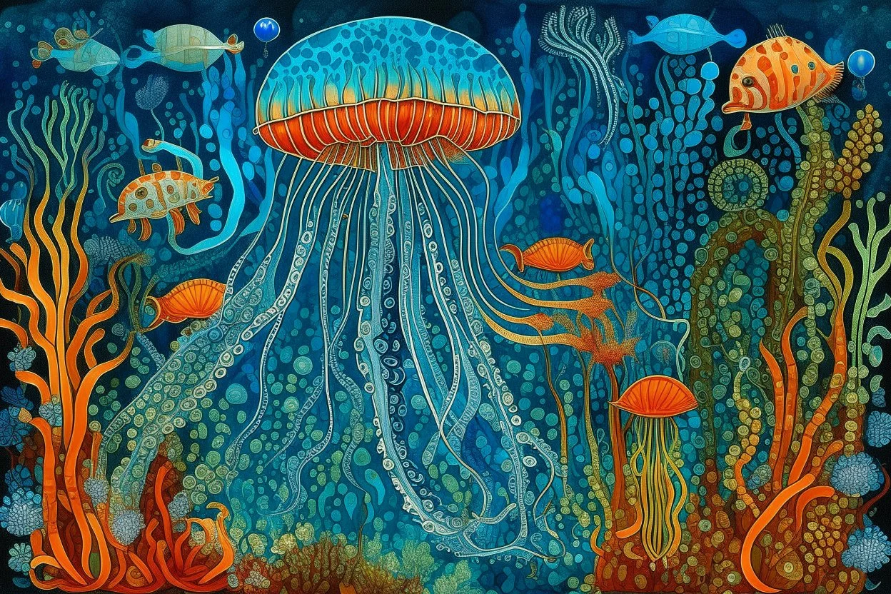 An indigo ocean with jellyfish designed in Oaxacan alebrijes painted by Vincent van Gogh