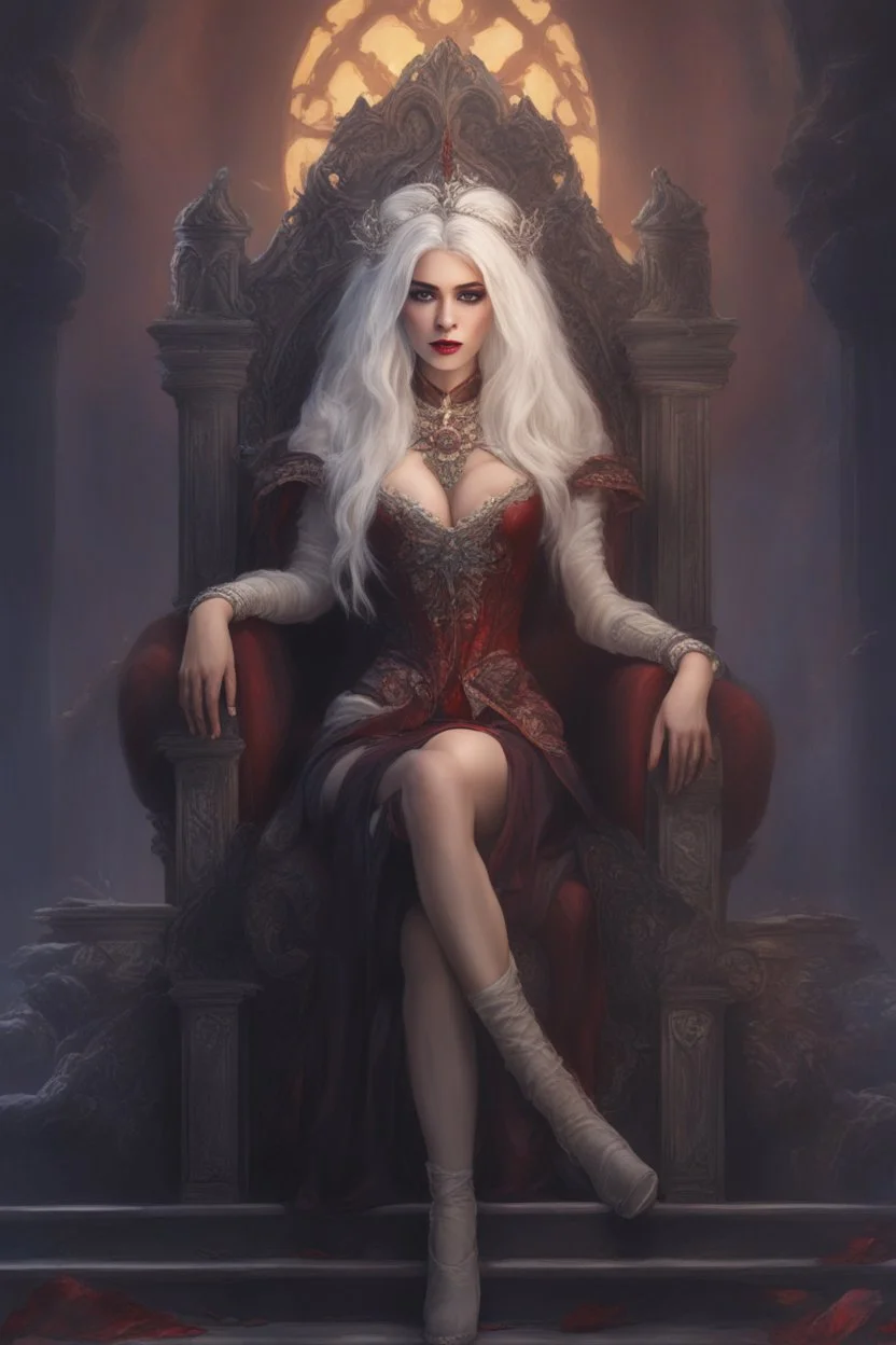 Beautiful white haired Vampire queen on her throne, drawing