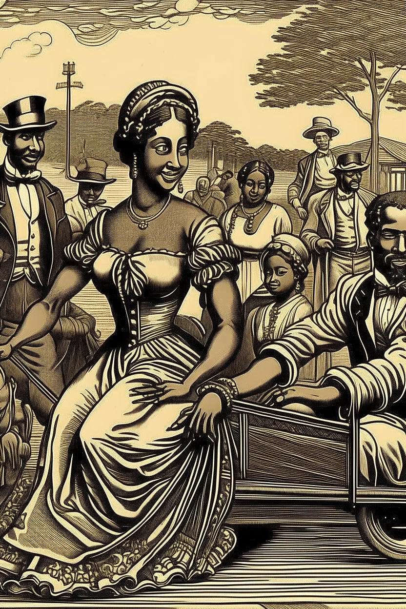 Create an image representing the "fancy girl" industry controlled by Armfield and Franklin, with scenes of transportation and trade. Depict the contrast between the lives of slaves considered "fancy girls" and other slaves during that era.