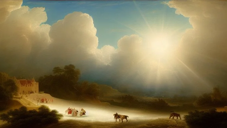 A majestic scene of angelic figures dancing gracefully in a heavenly landscape of snow and billowing clouds,in the Paradise Creation of Adam and Eve