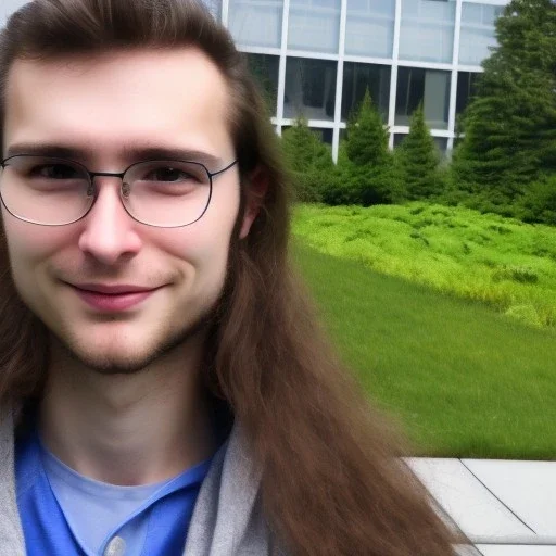 A long haired, male software engineer taking a selfie in front of Building 92 at Microsoft in Redmond, Washington