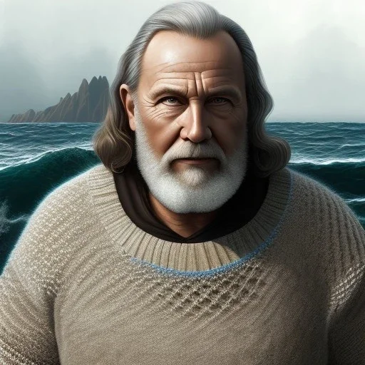 award winning portrait digital painting of an older male medieval grizzled sailor in a knitted sweater with wrinkles on face, ocean, waves, mountain cliffside with breaking waves, stormy, sinister, evil, (backlighting:1.3), concept art, smooth, sharp focus, rule of thirds, dark fantasy,intricate details, medium shot