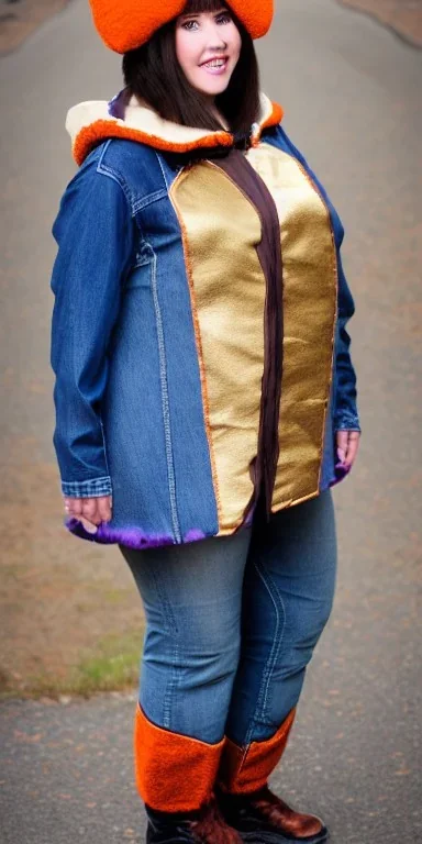 Brunette.thick thighs,thick calves,flat belly,curvy fell. big head. Mantle is sewed of upcycled Denim and sewed together of camouflage pieces. Pieces' color are orange, cream and purple. It is with big bright purple felt tippet and cream-colored-hood. mantle is merged with satchel. . Big AKG-style headphones (gold rings!) is merged with small felt cap with small visor. Style: Haute Couture in 1910's, N.Y.C fashion in 1996, inspired by street art 2023 Paris