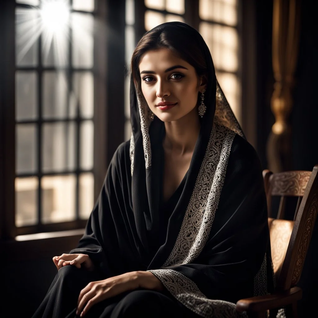 Hyper Realistic Young Beautiful Happy Pashto Woman With Beautiful Eyes & Kajal with beautiful lips wearing black dress & covering herself with white-shawl sitting on rocking-chair inside a dark lounge with sun-rays coming from window on her face with detailed shadow casting showing dramatic & cinematic ambiance