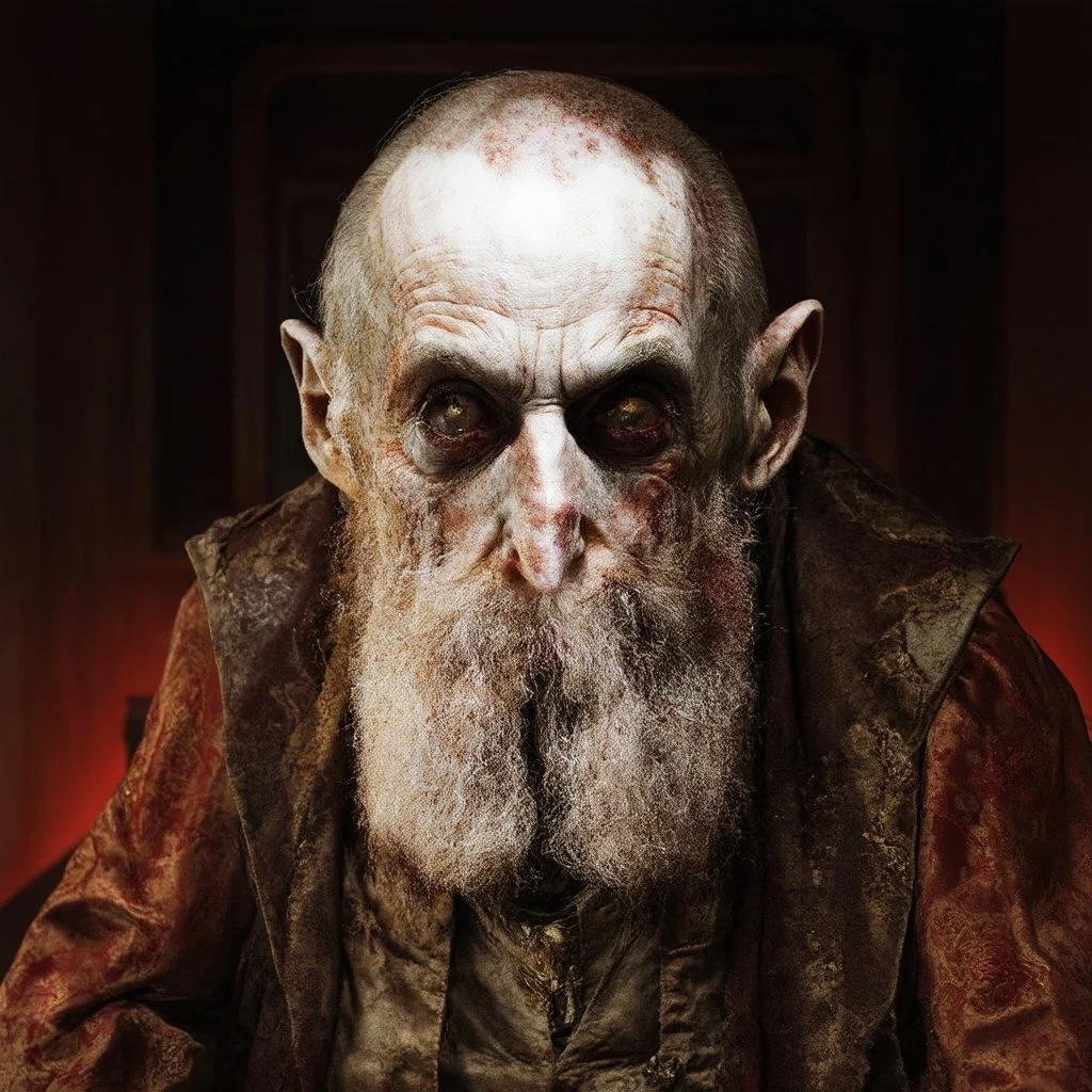 very grainy discolored modern photo, closeup portrait, dark ancient hall with no lights, grunge, extremely old male with chalk-white skin wearing old dashing and opulent gilded clothes, threatening, imposing, nosferatu