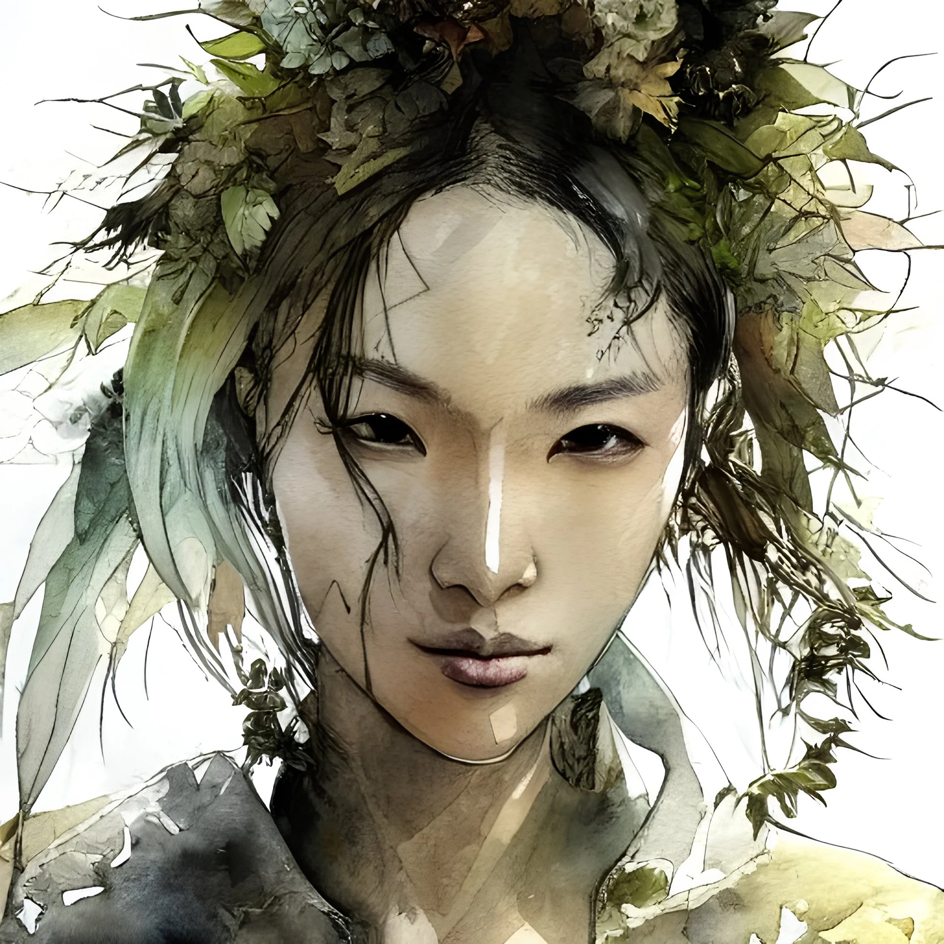 Son Ye-Jin face,Style Yoji Shinkawa, watercolor illustration , Dryad, plants, wildflower,