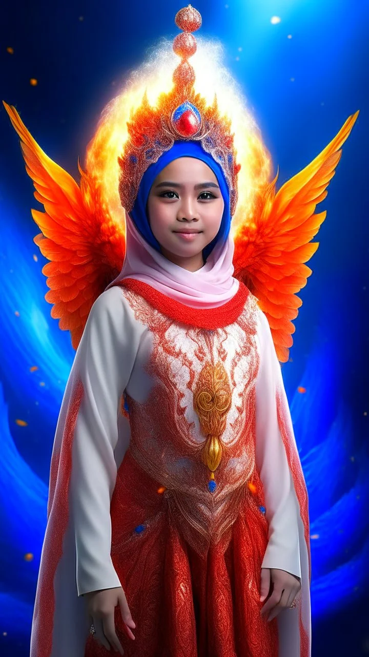 Full body wide-angle RAW photo, the fire princess wearing very luxurious and jewel-embellished clothes, fully covered, holding a fire shawl, opals and flower decorations, fractal wing texture, coming out of a burst of fire, winter scenery in the background, beautiful woman's face indonesia, high detail skin, phoenix, fire, 8k uhd, dslr, soft lighting, high quality, film grain