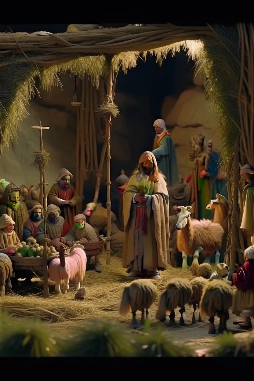 Christmas crèche. Baby Jesus in the sheep manger. Joseph and Mary are standing around and the shepherds bow their heads before them. High quality image in 8K