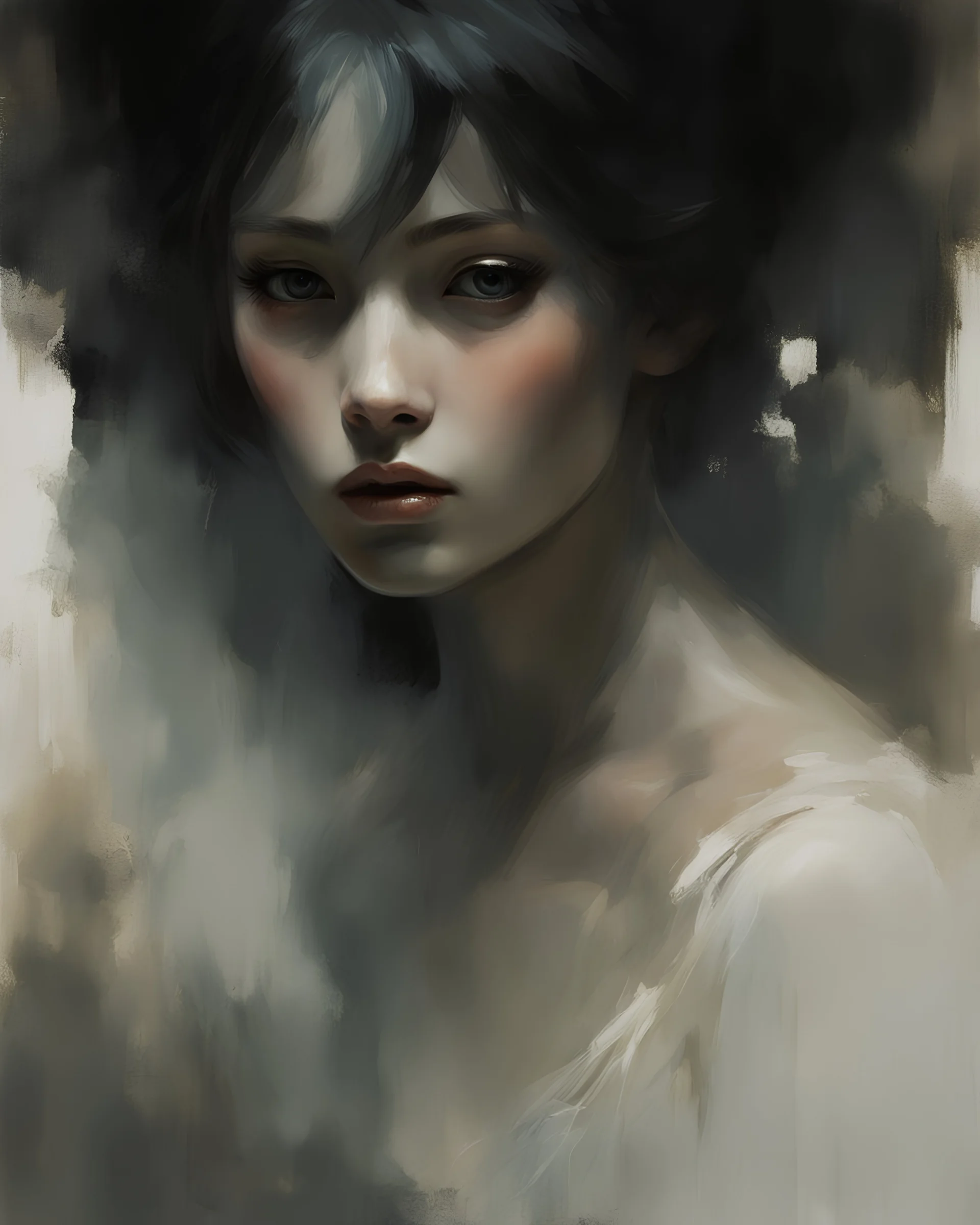 close-up face, portrait painting, vintage, 30 years old, woman,toy doll portrait with black soot on her face, dramatic lighting, skin pots dreamy girl ,dramatic lighting, sharp focus, contrast, art by and Jeremy Mann, digital painting, artstation, concept art
